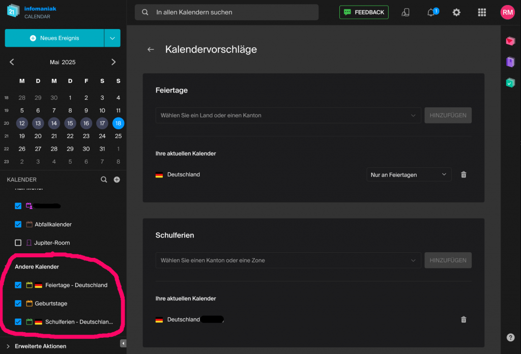kCalendar Einstellungsdialog, um Ferienkalender und Feiertagskalender automatisch hinzufügen zu können.