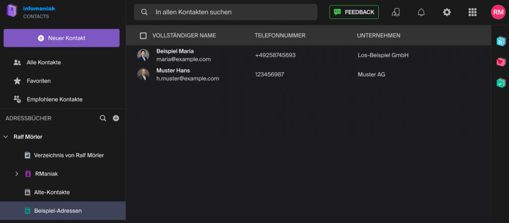 Kontaktliste in der Anwendung kContacts der kSuite.
