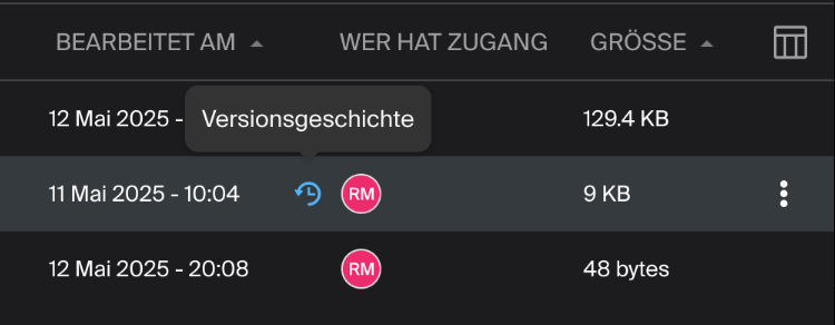 Es wird eine Liste von Dateien gezeigt. Eine Datei hat ein Icon, das anzeigt, dass zu dieser Datei Versionen vorhanden sind.