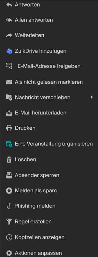 Kontextmenü einer ausgewählten E-Mail in kMail. Zeigt die verfügbaren Befehle zum Bearbeiten und Manipulieren beziehungsweise sortieren der E-Mails an.