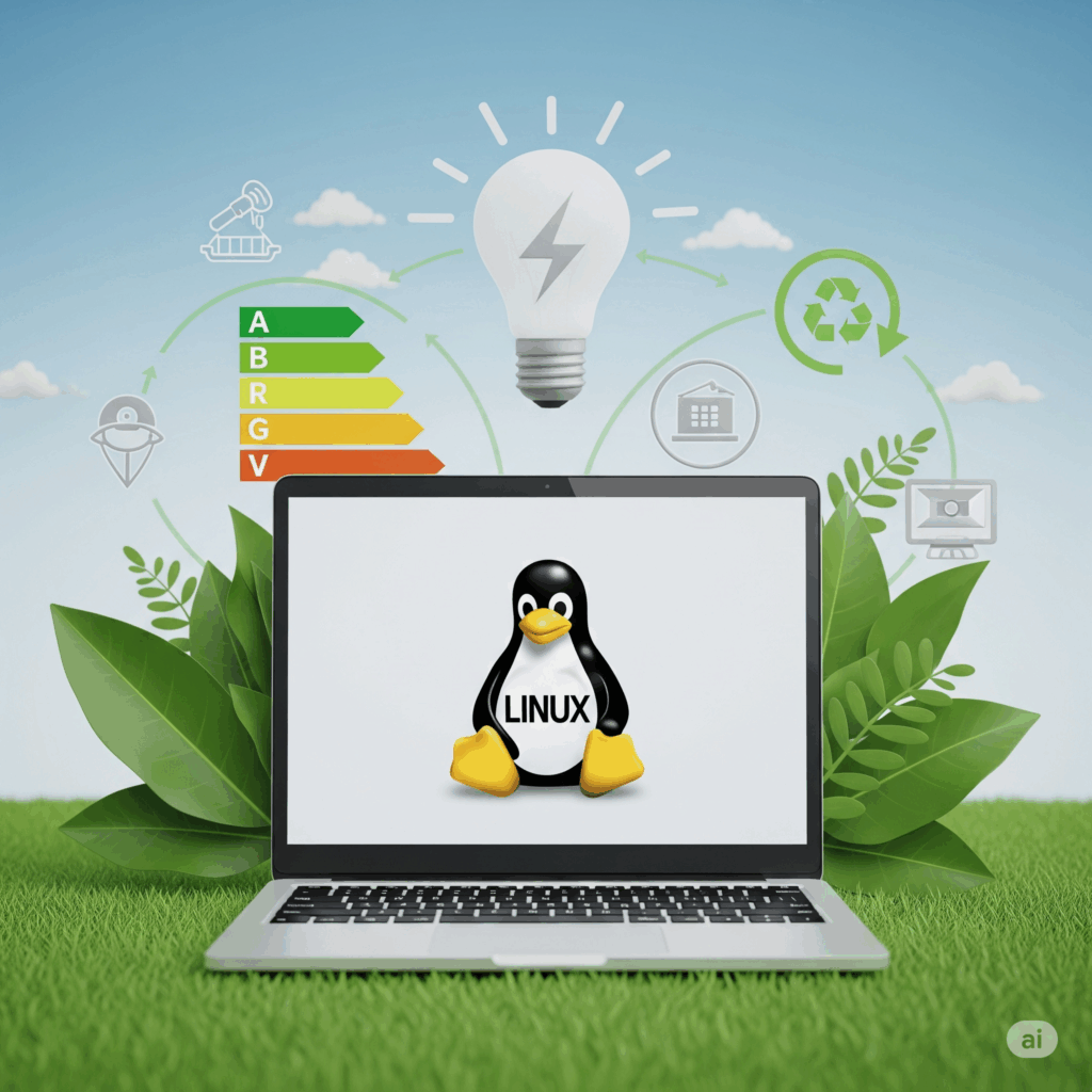 Laptop auf einer grünen Wiese. Linux Tux auf dem Bildschirm. Rund um den Laptop Zeichen für Energieeffizienz und Nachhaltigkeit.