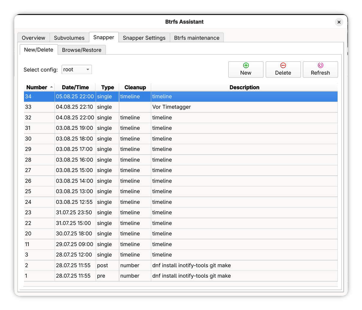 Liste von Snapshots in einem Programmfenster der Anwendung Btrfs-Assistant.