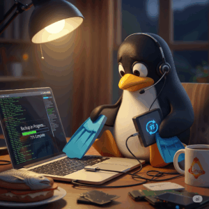 Linux Pinguin auf einem Schreibtisch mit einem Laptop beim Erstellen eines Backup.