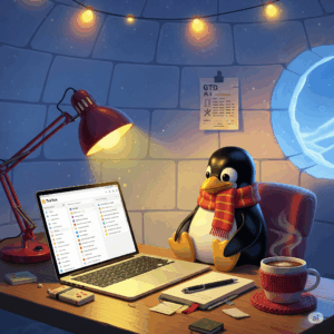 Pinguin im Iglu der am Laptop seine Aufgaben bearbeitet.