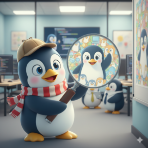 Pinguin mit Mütze und Schal, der mit einer Lupe einen anderen Pinguin fokussiert, in einem Büro, in dem andere Pinguine arbeiten. Veranschaulicht den Titel des Beitrags zum Thema Fokus.